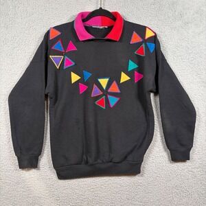 Upcycled Geometric Triangle Applique Sweatshirt Colorblock Collar Black Retro M